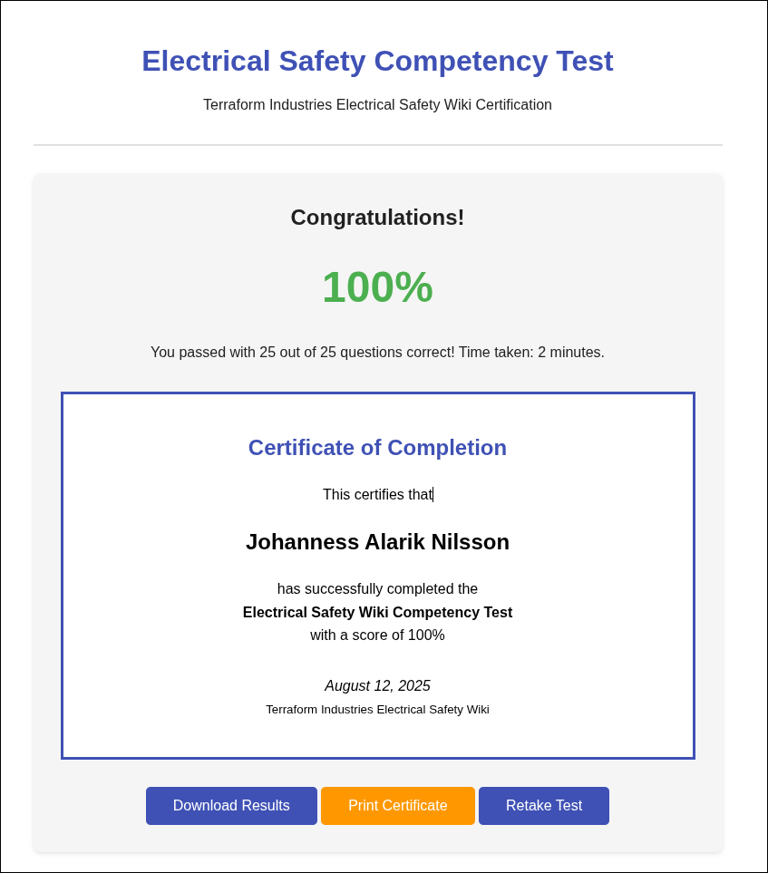 Electrical safety certificate